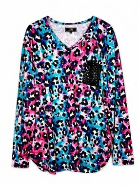 L&B Lucky & Blessed Plus Size 3X Leopard Print Sequin Pocket Long Sleeve Top